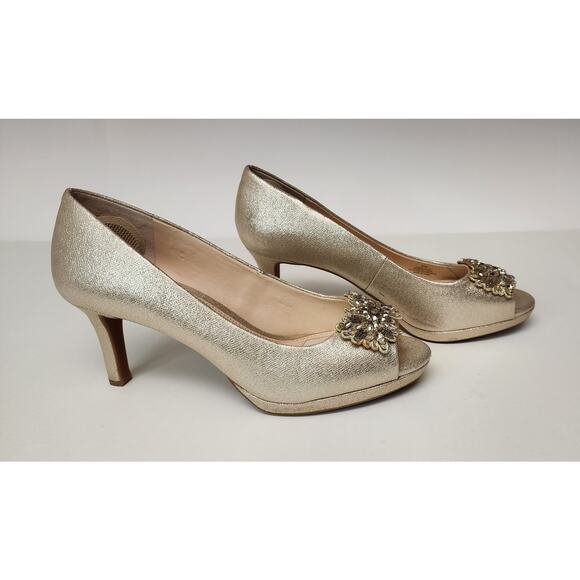 Alex Marie Beaded Peep-Toe Stiletto Heel Pump Metallic Gold Shoes Size 8M - Picture 1 of 9